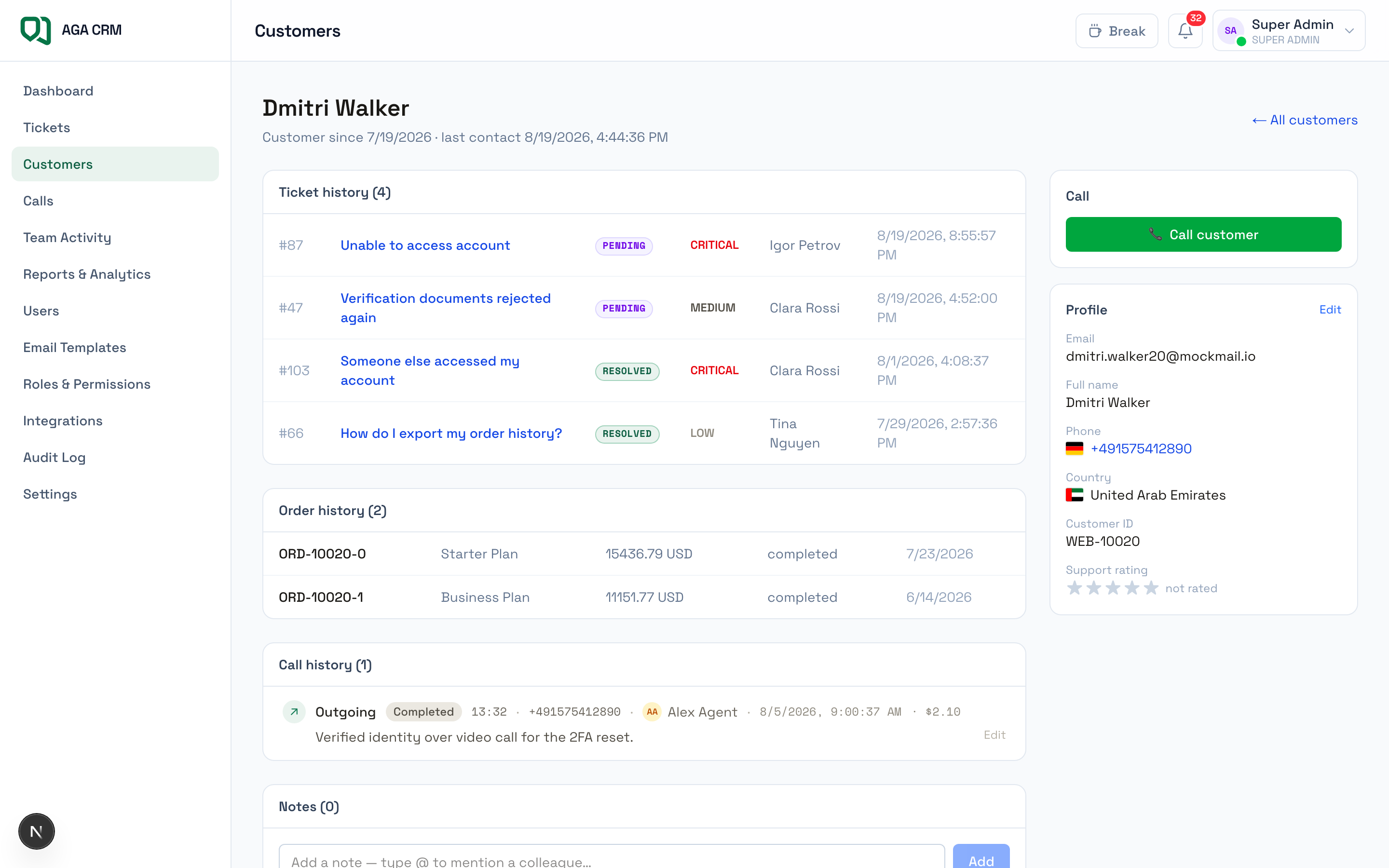 Customer profile showing ticket history, order history, call history and contact details