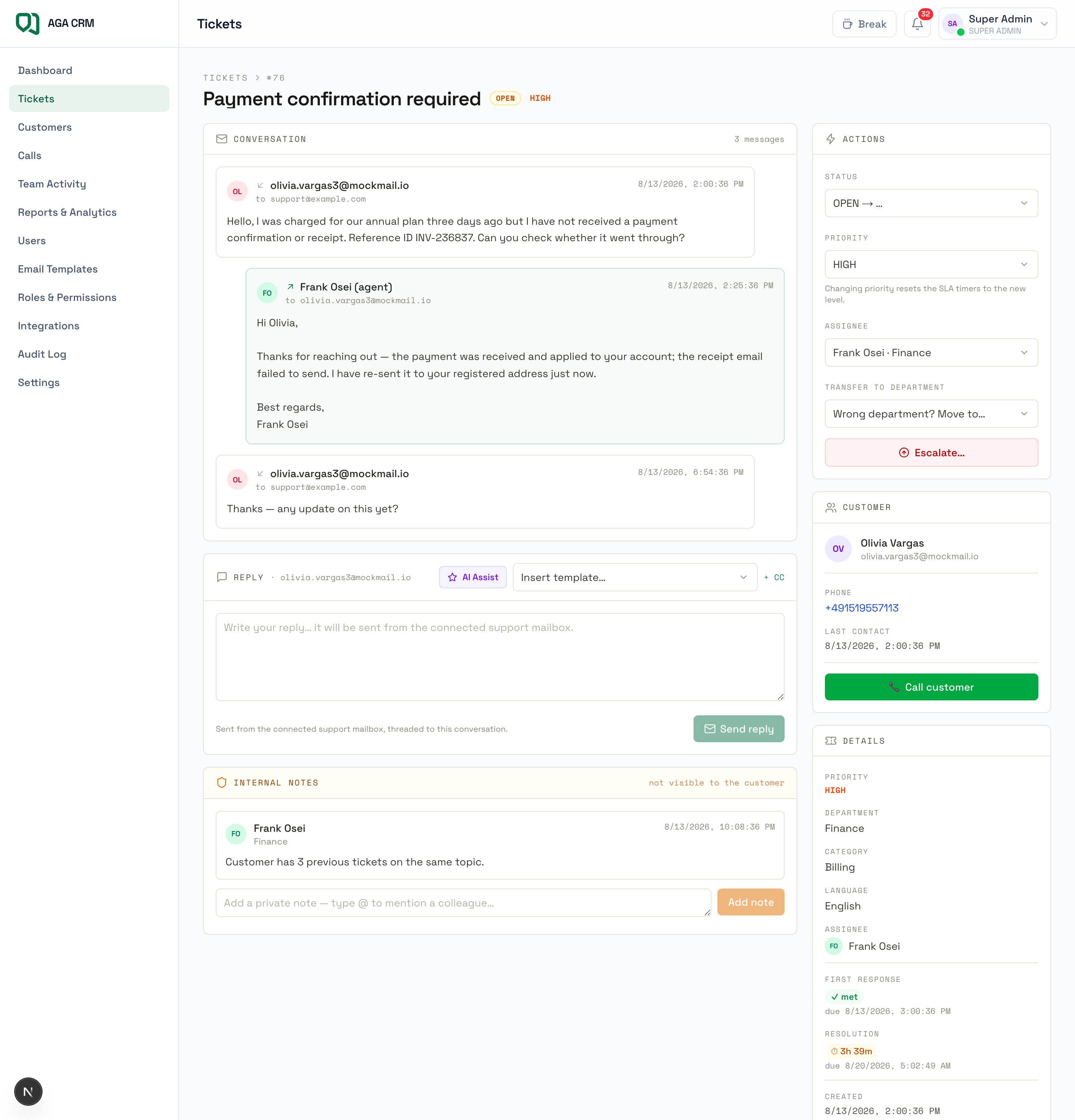 Ticket detail view showing the conversation thread, customer context and reply box
